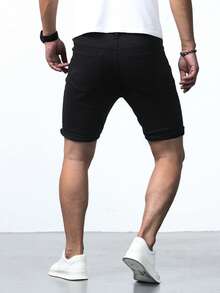 Manfinity Homme 男士棉素色牛仔短褲 - 黑色 - 查看 2