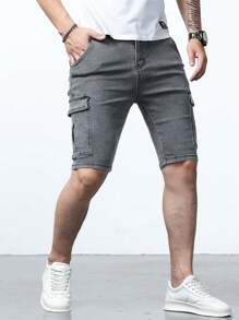 Manfinity Homme Nam Quần short denim Bermuda Bông Túi nắp bên cạnh - Xám - Xem 6