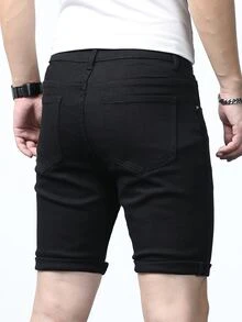 Manfinity Homme 男士棉素色牛仔短褲 - 黑色 - 查看 5