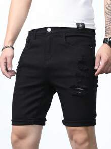 Manfinity Homme 男士棉破洞抽鬚反摺褲腳百慕大牛仔短褲 - 黑色 - 查看 3