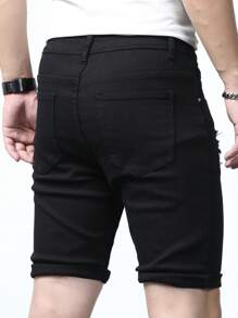 Manfinity Homme 男士棉破洞抽鬚反摺褲腳百慕大牛仔短褲 - 黑色 - 查看 4