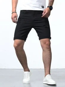 Manfinity Homme 男士棉破洞抽鬚反摺褲腳百慕大牛仔短褲 - 黑色 - 查看 5