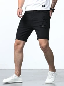 Manfinity Homme 男士棉破洞抽鬚反摺褲腳百慕大牛仔短褲 - 黑色 - 查看 6