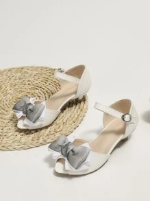 Girls Bow Decor Ankle Strap Sandals, Artificial Leather Glamorous Sandals - White - View 1