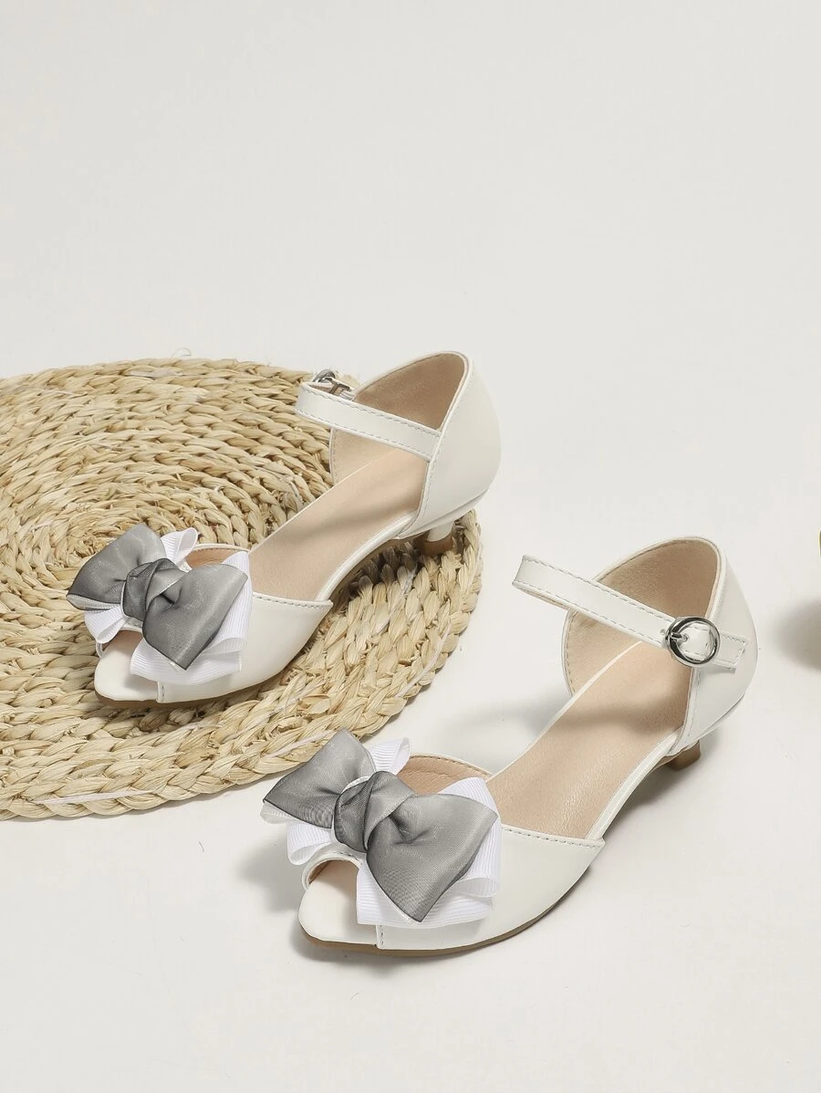 Girls Bow Decor Ankle Strap Sandals, Artificial Leather Glamorous Sandals - White - View 1