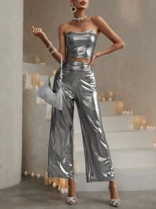 SHEIN BAE Solid Crop Metallic Tube Top - Silver - View 4