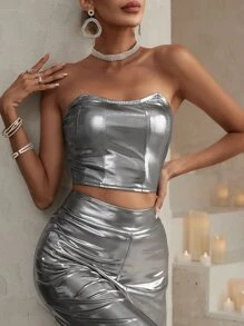 SHEIN BAE Solid Crop Metallic Tube Top - Silver - View 6