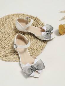 Girls Bow Decor Ankle Strap Sandals, Artificial Leather Glamorous Sandals - White - View 5