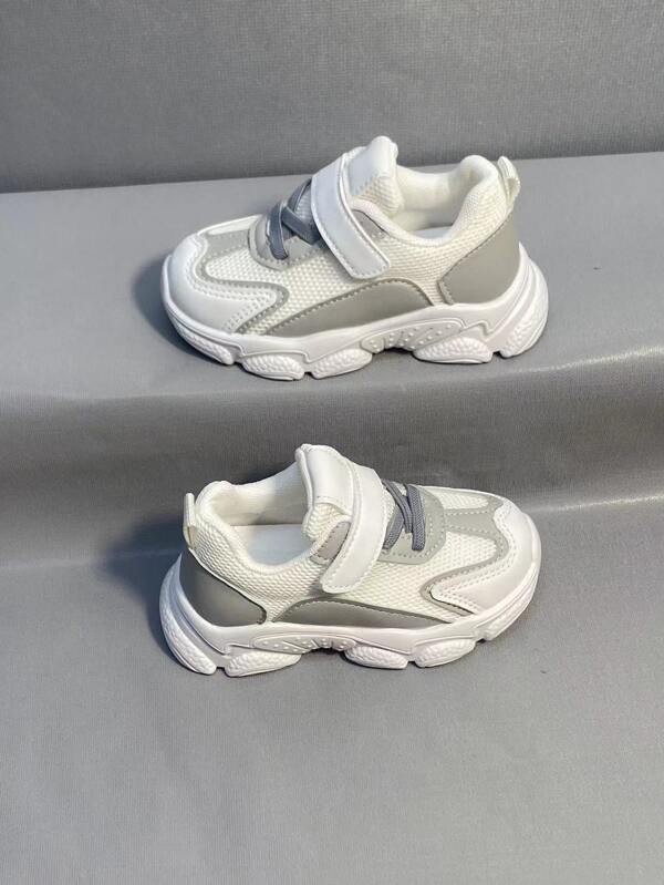 Girls Hook-and-loop Fastener Strap Mesh Panel Chunky Sneakers, Fabric Round Toe Sporty Sneakers