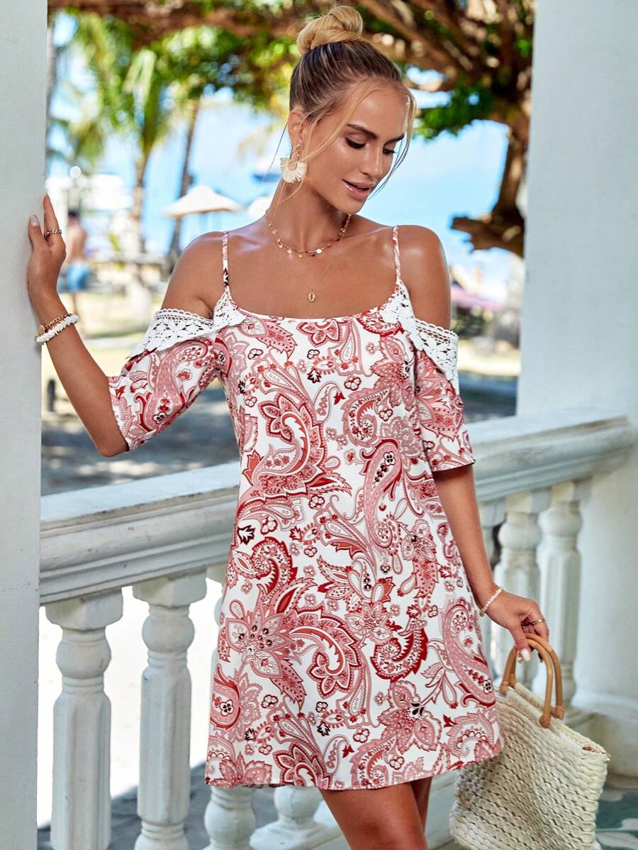 SHEIN VCAY Paisley Print Cold Shoulder Dress - Multicolor - View 1