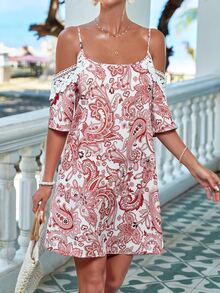 SHEIN VCAY Paisley Print Cold Shoulder Dress - Multicolor - View 3