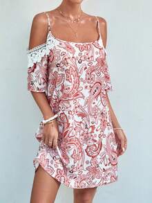 SHEIN VCAY Paisley Print Cold Shoulder Dress - Multicolor - View 6