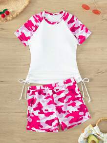 迷彩印花抽绳侧分体式比基尼短袖夏季海滩装 - 彩色 - 查看 1