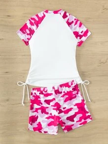 迷彩印花抽绳侧分体式比基尼短袖夏季海滩装 - 彩色 - 查看 2