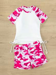 迷彩印花抽绳侧分体式比基尼短袖夏季海滩装 - 彩色 - 查看 3