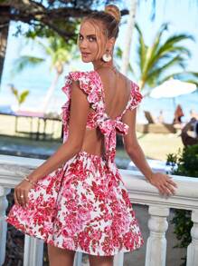 SHEIN VCAY Floral Print Tie Backless Ruffle Trim Dress - Multicolor - View 1