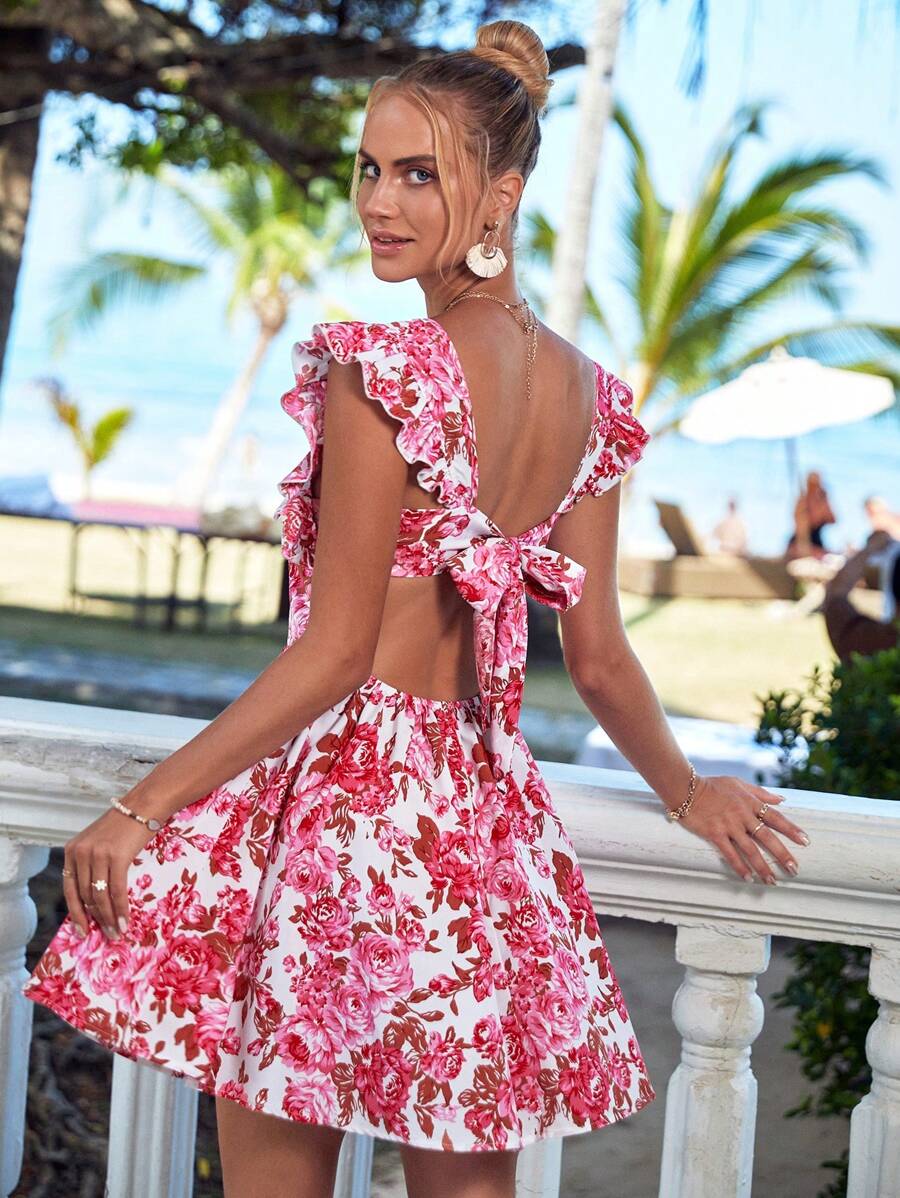 SHEIN VCAY Floral Print Tie Backless Ruffle Trim Dress - Multicolor - View 1