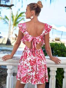 SHEIN VCAY Floral Print Tie Backless Ruffle Trim Dress - Multicolor - View 2