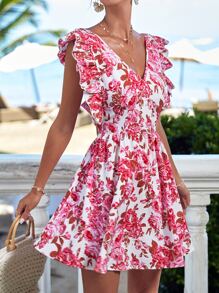 SHEIN VCAY Floral Print Tie Backless Ruffle Trim Dress - Multicolor - View 3