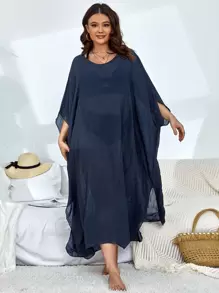 Plus Solid Sheer Cover Up Dress Without Bikini Set - Navy Blue - View 1