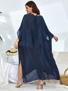 Plus Solid Sheer Cover Up Dress Without Bikini Set - Navy Blue - View 2