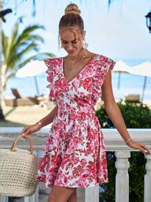 SHEIN VCAY Floral Print Tie Backless Ruffle Trim Dress - Multicolor - View 4