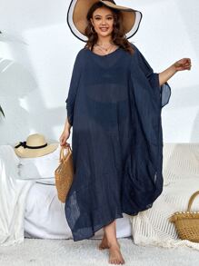 Plus Solid Sheer Cover Up Dress Without Bikini Set - Navy Blue - View 4