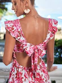 SHEIN VCAY Floral Print Tie Backless Ruffle Trim Dress - Multicolor - View 5