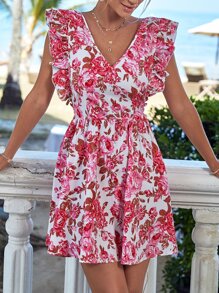 SHEIN VCAY Floral Print Tie Backless Ruffle Trim Dress - Multicolor - View 6