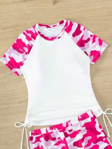 迷彩印花抽绳侧分体式比基尼短袖夏季海滩装 - 彩色 - 查看 5