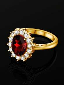 Cubic Zirconia Decor Silver Wedding Band - Burgundy - View 2