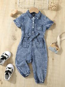 SHEIN Baby Patched Pocket Belted Shirt Denim Jumpsuit