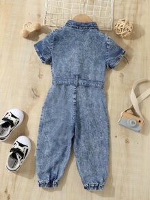SHEIN Baby Patched Pocket Belted Shirt Denim Jumpsuit