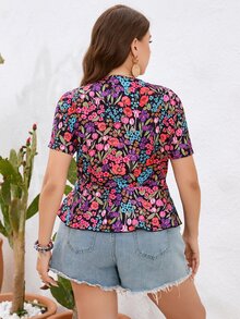 SHEIN VCAY 大碼印花前打結荷葉邊下擺襯衫 - 彩色 - 查看 2