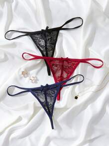 3 条装花卉蕾丝蝴蝶结前丁字裤内衣 - 彩色 - 查看 1
