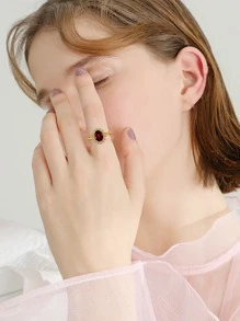 Cubic Zirconia Decor Silver Wedding Band - Burgundy - View 8