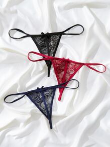 3 条装花卉蕾丝蝴蝶结前丁字裤内衣 - 彩色 - 查看 2