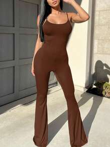 Flare Leg Cami Jumpsuit - Coffee Brown - View 1