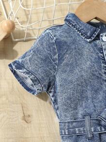 SHEIN Baby Patched Pocket Belted Shirt Denim Jumpsuit