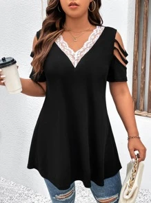 SHEIN LUNE Áo thun Plus size Tương phản ren Cắt ra Khối Màu Giải trí - màu đen - Xem 1