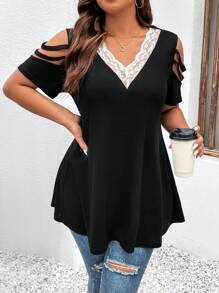 SHEIN LUNE Áo thun Plus size Tương phản ren Cắt ra Khối Màu Giải trí - màu đen - Xem 3