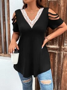 SHEIN LUNE Áo thun Plus size Tương phản ren Cắt ra Khối Màu Giải trí - màu đen - Xem 4
