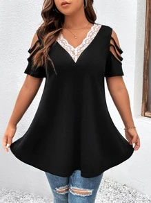 SHEIN LUNE Áo thun Plus size Tương phản ren Cắt ra Khối Màu Giải trí - màu đen - Xem 5