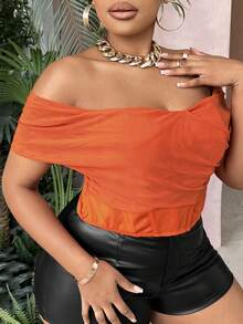 Slaydiva Tops de mujeres de talla grande Cremallera Liso Casual - Naranja - Ver 4