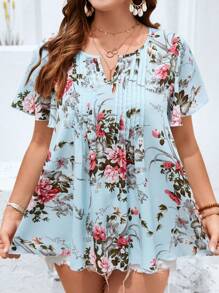 SHEIN LUNE Áo sơ mi Plus Size Xếp li Hoa Boho - Màu xanh bạc hà - Xem 1