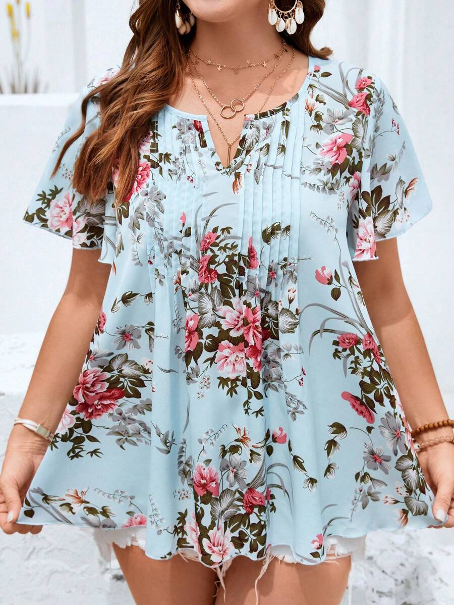 SHEIN LUNE Áo sơ mi Plus Size Xếp li Hoa Boho - Màu xanh bạc hà - Xem 1