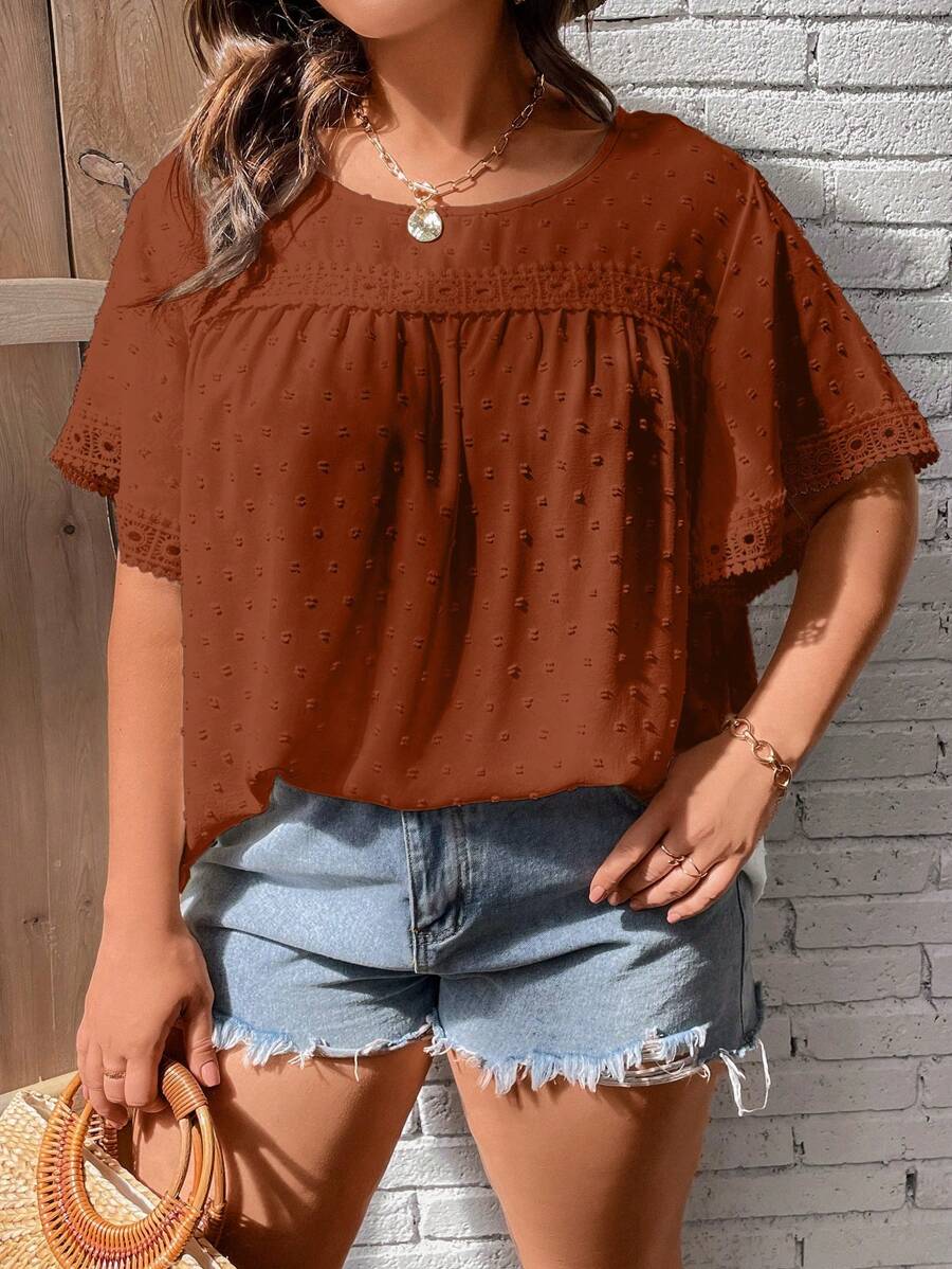 SHEIN LUNE 大碼圓點蕾絲拼接蝴蝶袖襯衫 - 棕色 - 查看 1