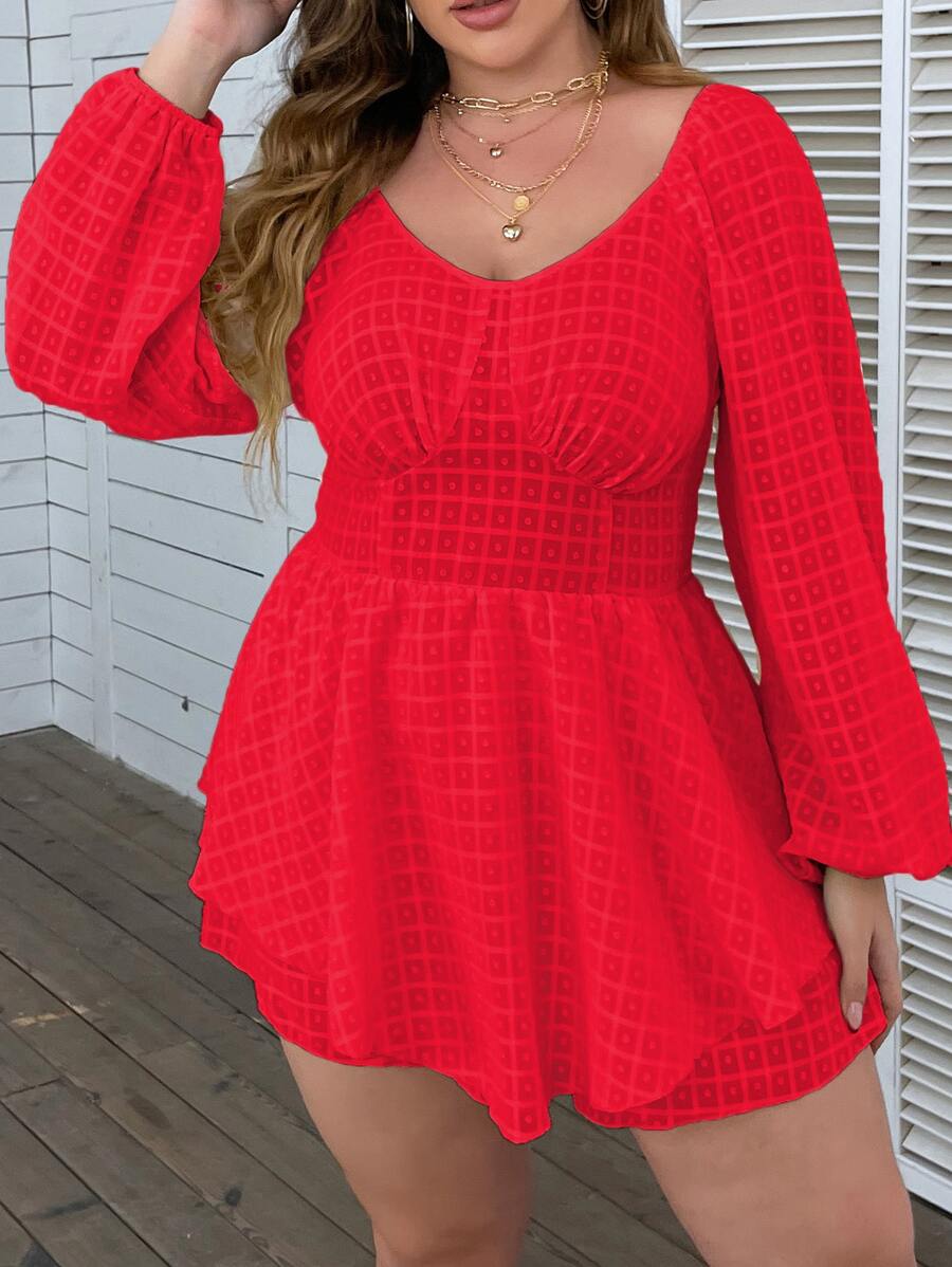 SHEIN Holidaya 大碼燈籠袖荷葉邊下擺腰連身短褲 - 紅色 - 查看 1