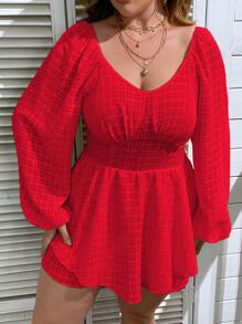 SHEIN Holidaya 大碼燈籠袖荷葉邊下擺腰連身短褲 - 紅色 - 查看 3