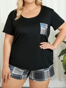 Plus Plaid Print Pocket Patched PJ Set / Pajama Set - Multicolor - View 4